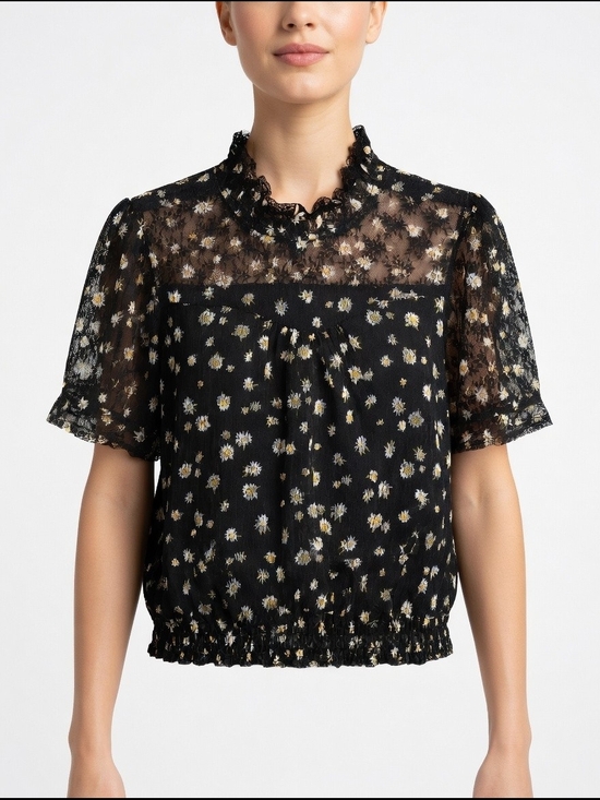 Eyeshadow Tops - Black Daisy-Print Sheer Ruffle-Trim Blouse Size M